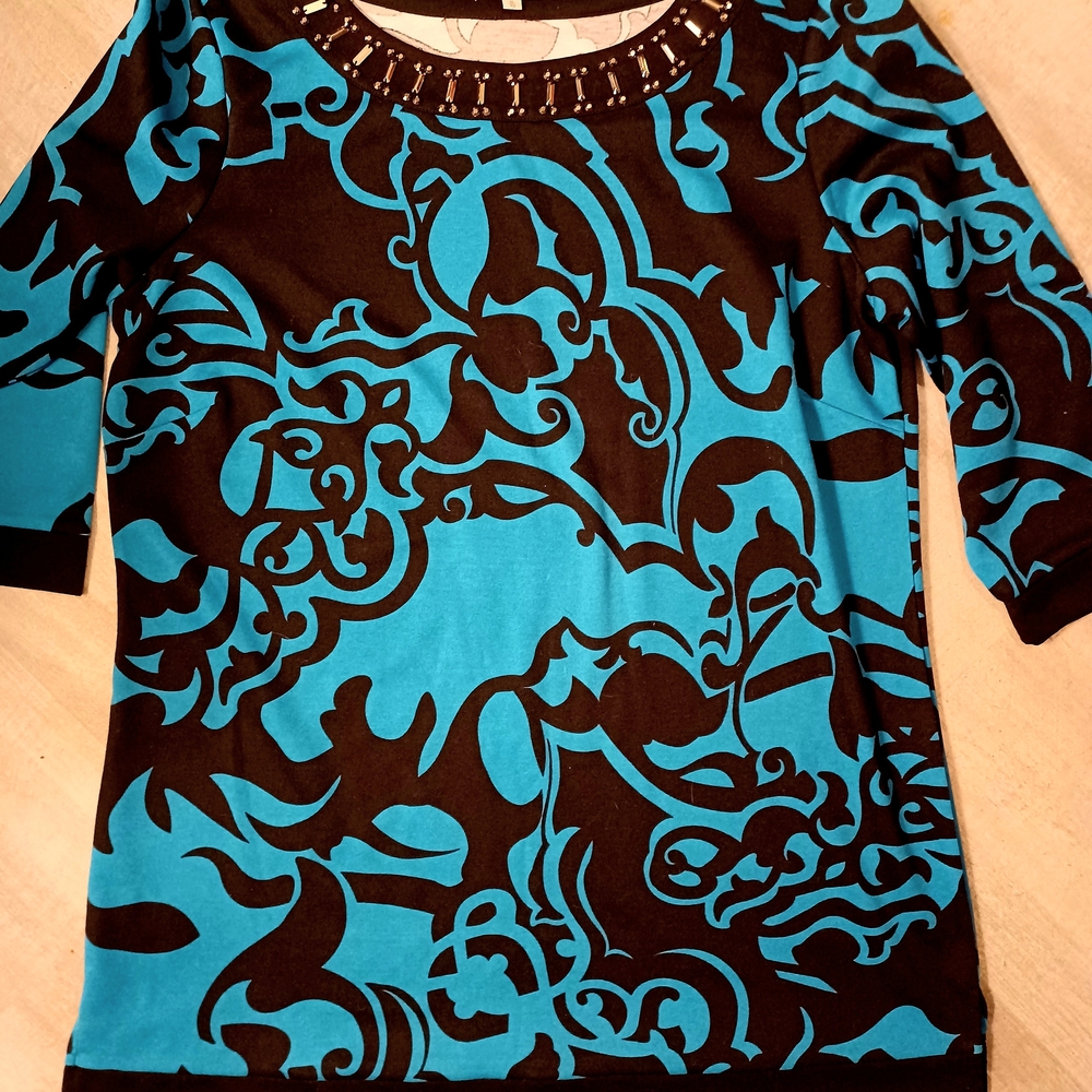 Cleo Teal and Black Patterned Long Sleeve Top